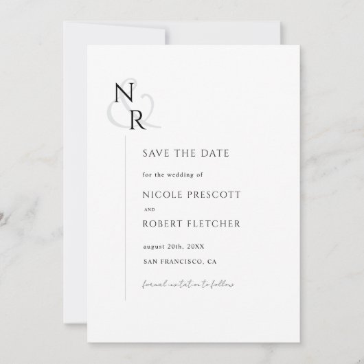 Zwart & Wit Modern Elegant Monogram Huwelijk Save The Date (Voorkant)