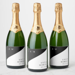 Zwart-wit Modern Elegant Monogram Huwelijk Sparkling Wijnetiket