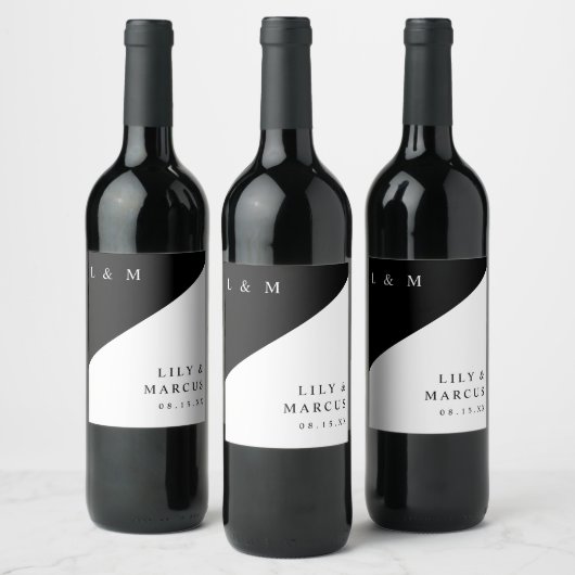 Zwart-wit Modern Elegant Monogram Huwelijk Wijn Etiket (Flessen)