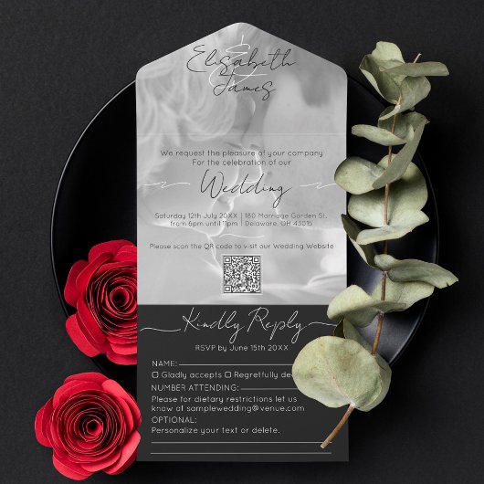 Zwart-wit modern Elegant Script Photo Weddenschap All In One Uitnodiging