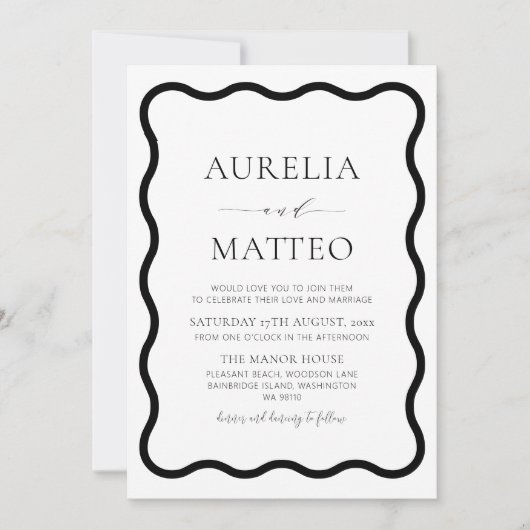 Zwart & Wit Modern Elegant Wavy Border minimaal Kaart (Voorkant)