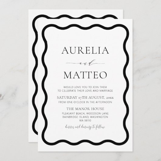 Zwart & Wit Modern Elegant Wavy Border minimaal Kaart (Voorkant / Achterkant)