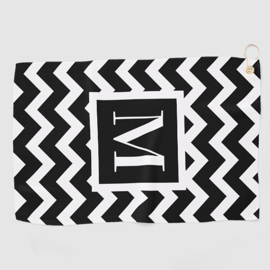 Zwart-wit modern Elegant Zigzag Monogram Golfhanddoek (Horizontaal)