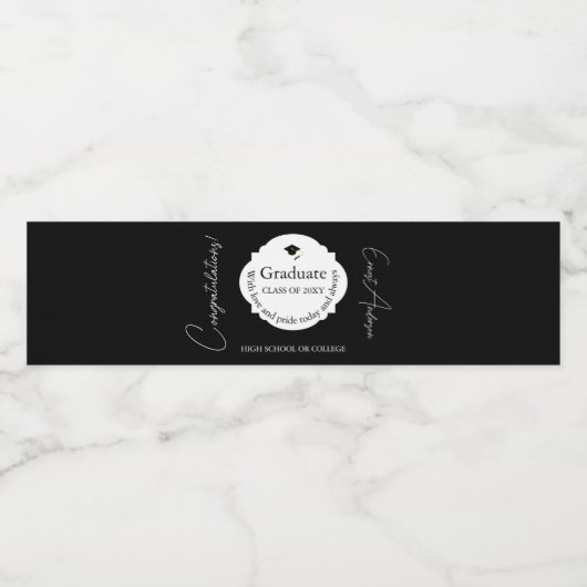Zwart-wit Modern Gefeliciteerd Afstuderen Waterfles Etiket (Enkel label)