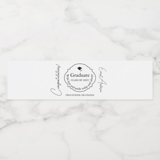 Zwart-wit Modern Gefeliciteerd Afstuderen Waterfles Etiket (Enkel label)