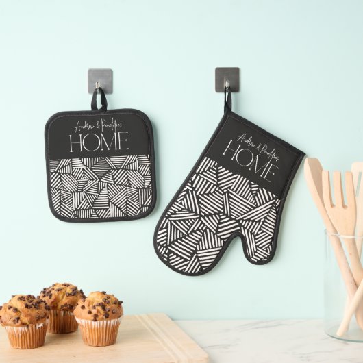 Zwart-wit modern geometrisch minimaal huis ovenwant & pannenlap set (Insitu(Ophanging))