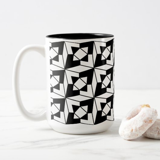 Zwart-wit modern geometrisch patroon tweekleurige koffiemok (Met donut)