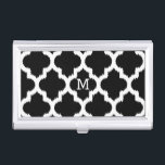 Zwart & Wit Modern Ikat Quatrefoil Patroon Visitekaarthouder<br><div class="desc">Elegant modern wit geometrisch itat quatrefoil naadloos patroon op aanpasbare zwarte achtergrond.</div>