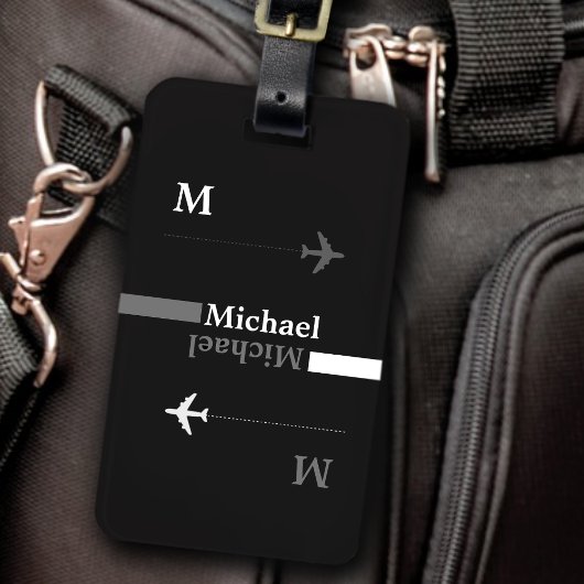 zwart wit modern luggagetag met naam bagagelabel