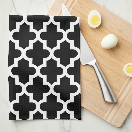 Zwart-wit Modern Marokkaans Patroon Theedoek (Quarter Fold)