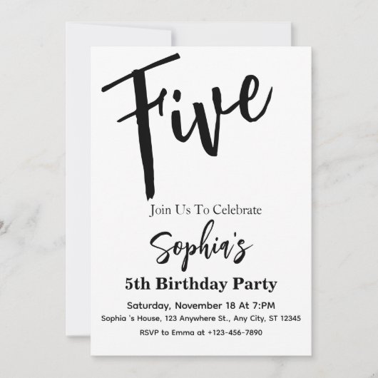 Zwart & Wit Modern Meisje 5e Verjaardagsfeestfoto Kaart (Voorkant)