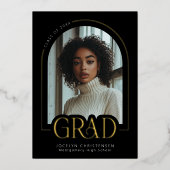 Zwart Wit Modern Minimaal Afstudeerder Foto Gold F Folie Uitnodiging (Voorkant)