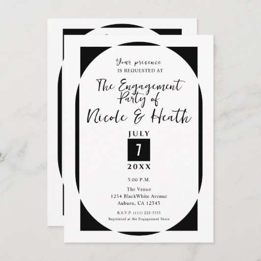 Zwart-wit Modern Minimal Engagement Party Kaart (Voorkant / Achterkant)