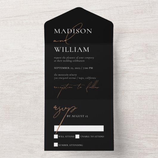 Zwart wit modern minimalistisch huwelijk all in one uitnodiging (Binnen)