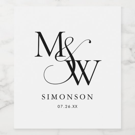 Zwart Wit Modern Minimalistisch Monogram Bruiloft Wijn Etiket (Enkel label)