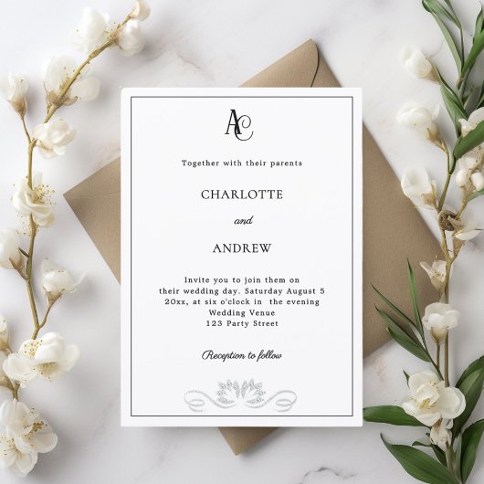 Zwart wit modern monogram diamanten bruiloft kaart