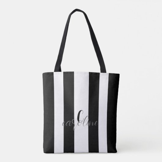 Zwart-wit modern monogram gestreept tote bag (Achterkant)