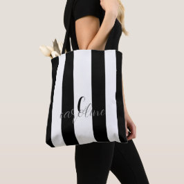 Zwart-wit modern monogram gestreept tote bag