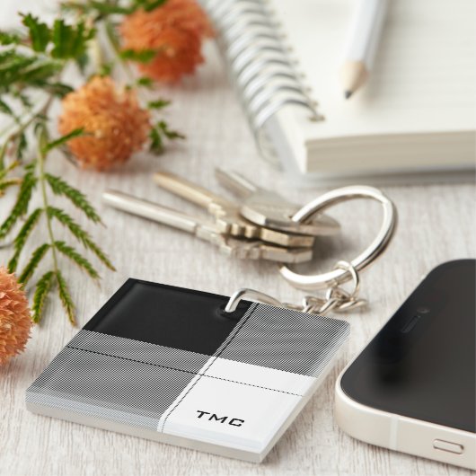 Zwart Wit Modern Plaid INITIALEN Preppy Chic Sleutelhanger (Voorkant Rechts)