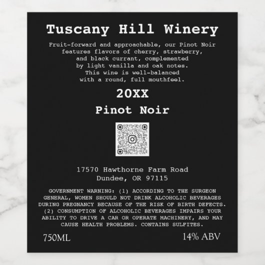 Zwart Wit Modern QR Code LOGO Beschrijving Wijn Etiket (Enkel label)