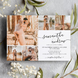 Zwart wit modern script 6 foto's bruiloft kaart