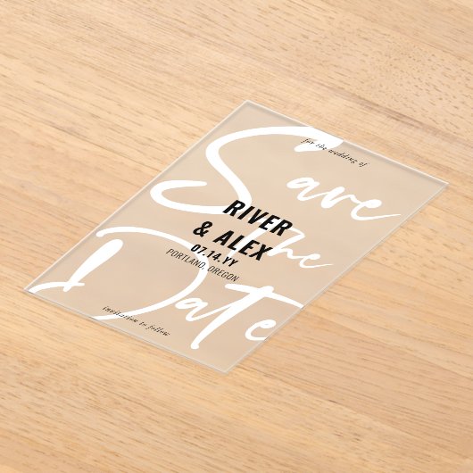 Zwart Wit Modern Script Bewaar de datum Acryl Uitnodigingen (Laagn)