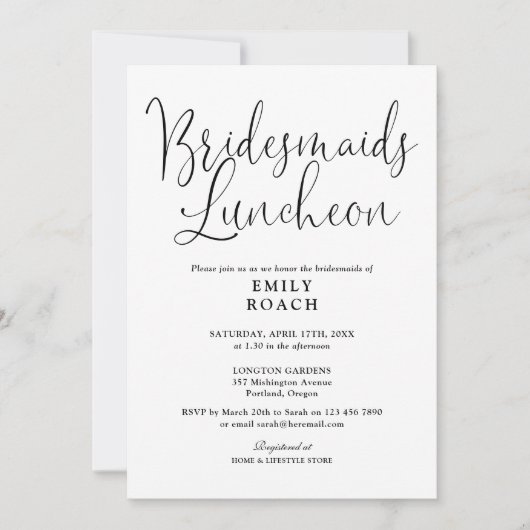 Zwart-wit Modern Script Bruidsmeisjes Luncheon Kaart (Voorkant)