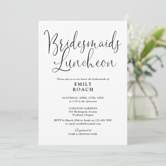 Zwart-wit Modern Script Bruidsmeisjes Luncheon Kaart (Staand voorkant)