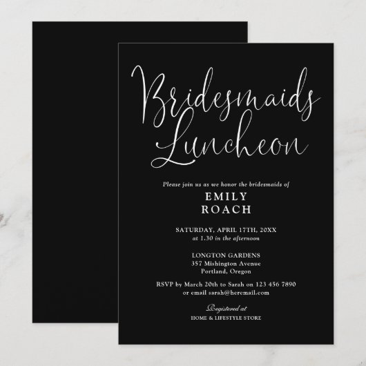 Zwart-wit Modern Script Bruidsmeisjes Luncheon Kaart (Voorkant / Achterkant)