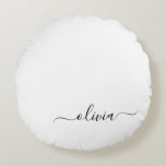 Zwart wit modern script meisjesmonogram naam rond kussen<br><div class="desc">Zwart en wit Eenvoudig Manuscript Naam van Monogram Pouf Pillow. De kussen maken de perfecte liefste 16 verjaardag,  bruiloft,  vrijgezellenfeest,  baby shower of vrijgezellenfeest cadeau voor iemand die haar kamer in roos goud versiert.</div>