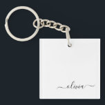 Zwart wit modern script meisjesmonogram naam sleutelhanger<br><div class="desc">Zwart-witte Eenvoudige Sleutelhanger van de Naam van het Manuscript van het Monogram van het Manuscript Eenvoudige Monogram. Dit maakt de perfecte liefhebbende 16 verjaardag,  bruiloft,  vrijgezellenfeest,  verjaardagsdag,  baby shower of vrijgezellenfeest voor iemand die van luxe glam en stijl houdt.</div>