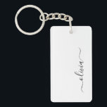 Zwart wit modern script meisjesmonogram naam sleutelhanger<br><div class="desc">Zwart-witte Eenvoudige Sleutelhanger van de Naam van het Manuscript van het Monogram van het Manuscript Eenvoudige Monogram. Dit maakt de perfecte liefhebbende 16 verjaardag,  bruiloft,  vrijgezellenfeest,  verjaardagsdag,  baby shower of vrijgezellenfeest voor iemand die van luxe glam en stijl houdt.</div>