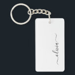 Zwart wit modern script meisjesmonogram naam sleutelhanger<br><div class="desc">Zwart-witte Eenvoudige Sleutelhanger van de Naam van het Manuscript van het Monogram van het Manuscript Eenvoudige Monogram. Dit maakt de perfecte liefhebbende 16 verjaardag,  bruiloft,  vrijgezellenfeest,  verjaardagsdag,  baby shower of vrijgezellenfeest voor iemand die van luxe glam en stijl houdt.</div>