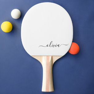 Zwart wit modern script meisjesmonogram naam tafeltennisbatje