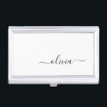 Zwart wit modern script meisjesmonogram naam visitekaarthouder<br><div class="desc">Zwart-wit Eenvoudig Manuscript Monogram Naam Bedrijfskaarthouder. Dit maakt de perfecte liefhebbende 16 verjaardag,  bruiloft,  vrijgezellenfeest,  verjaardagsdag,  baby shower of vrijgezellenfeest voor iemand die van luxe glam en stijl houdt.</div>