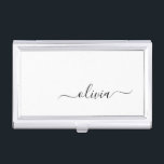 Zwart wit modern script meisjesmonogram naam visitekaarthouder<br><div class="desc">Zwart-wit Eenvoudig Manuscript Monogram Naam Bedrijfskaarthouder. Dit maakt de perfecte liefhebbende 16 verjaardag,  bruiloft,  vrijgezellenfeest,  verjaardagsdag,  baby shower of vrijgezellenfeest voor iemand die van luxe glam en stijl houdt.</div>