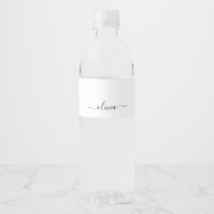 Zwart wit modern script meisjesmonogram naam waterfles etiket