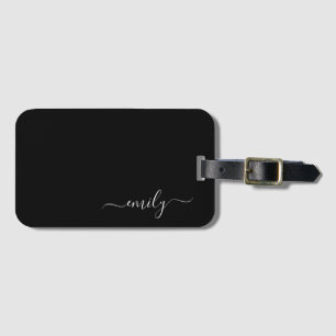 Zwart-wit Modern Script Monogram Naam Bagagelabel