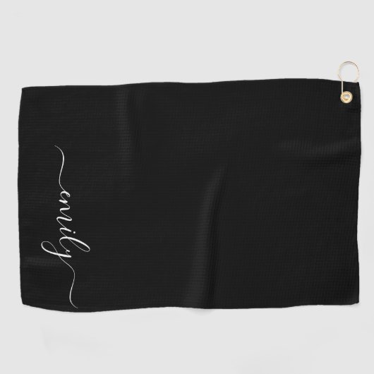 Zwart-wit Modern Script Monogram Naam Golfhanddoek (Horizontaal)