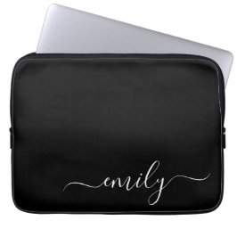 Zwart-wit Modern Script Monogram Naam Laptop Sleeve