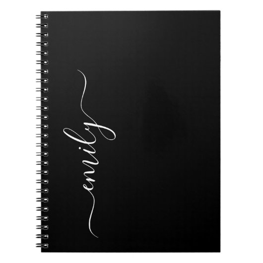 Zwart-wit Modern Script Monogram Naam Notitieboek (Voorkant)