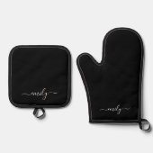 Zwart-wit Modern Script Monogram Naam Ovenwant & Pannenlap Set (Voorkant)