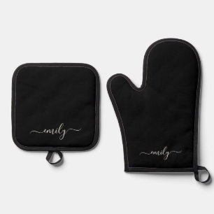 Zwart-wit Modern Script Monogram Naam Ovenwant & Pannenlap Set