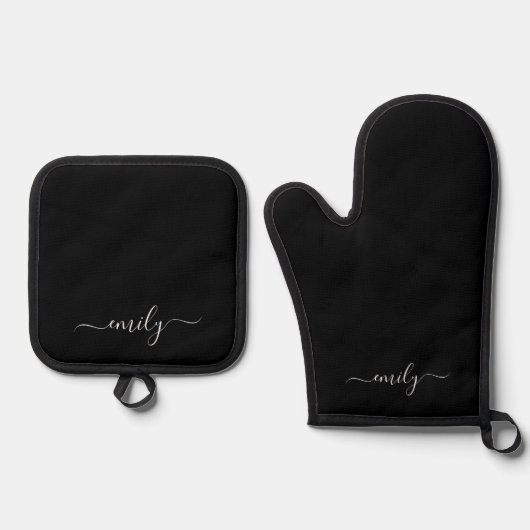 Zwart-wit Modern Script Monogram Naam Ovenwant & Pannenlap Set (Voorkant)