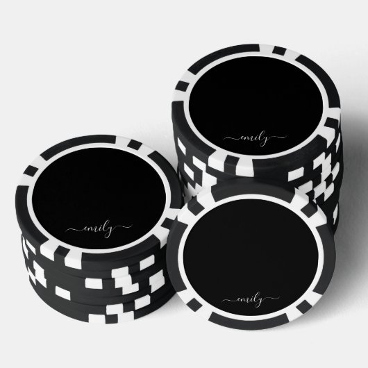 Zwart-wit Modern Script Monogram Naam Poker Chips (Opstapeling)