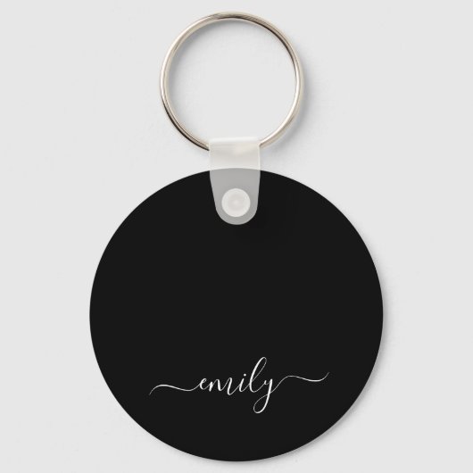 Zwart-wit Modern Script Monogram Naam Sleutelhanger (Voorkant)