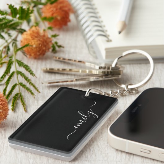 Zwart-wit Modern Script Monogram Naam Sleutelhanger (Voorkant Rechts)