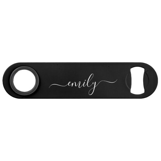 Zwart-wit Modern Script Monogram Naam Speed Flessenopener (Voorkant (Horizontaal))