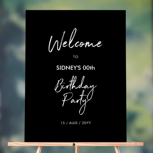 Zwart & Wit Modern Verjaardagsfeest Welkom Acryl Bord (Neutraal)