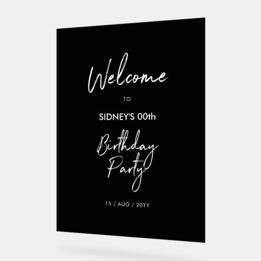 Zwart & Wit Modern Verjaardagsfeestje Welkom Acryl Bord (Hoek)